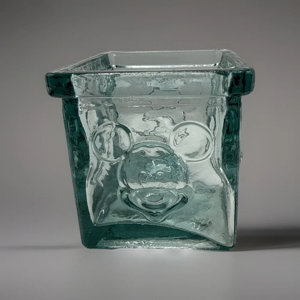 Disney Glass Relief Raised Mickey Mouse Blue Green Candle Holder Pen Holder Cube